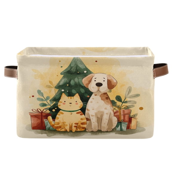 1-Pack Square Closet Organizers with Handles Open Basket Bins Cat and Dog with Christmas Tree Storage Basket for Home Office