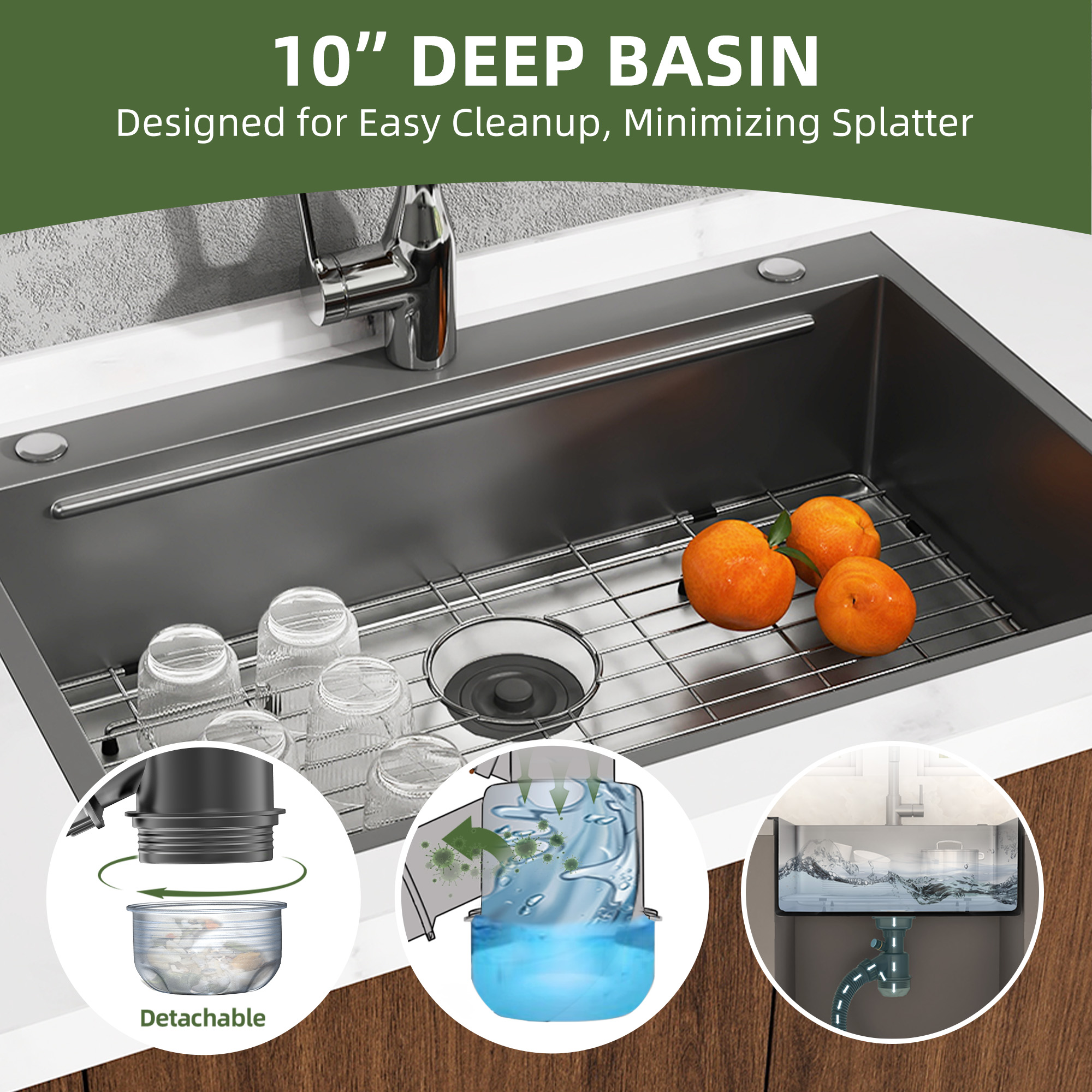 Uforic 33" Drop-In Black Stainless Steel Kitchen Sink, Single Bowl, Top Mount with Bottom Grid