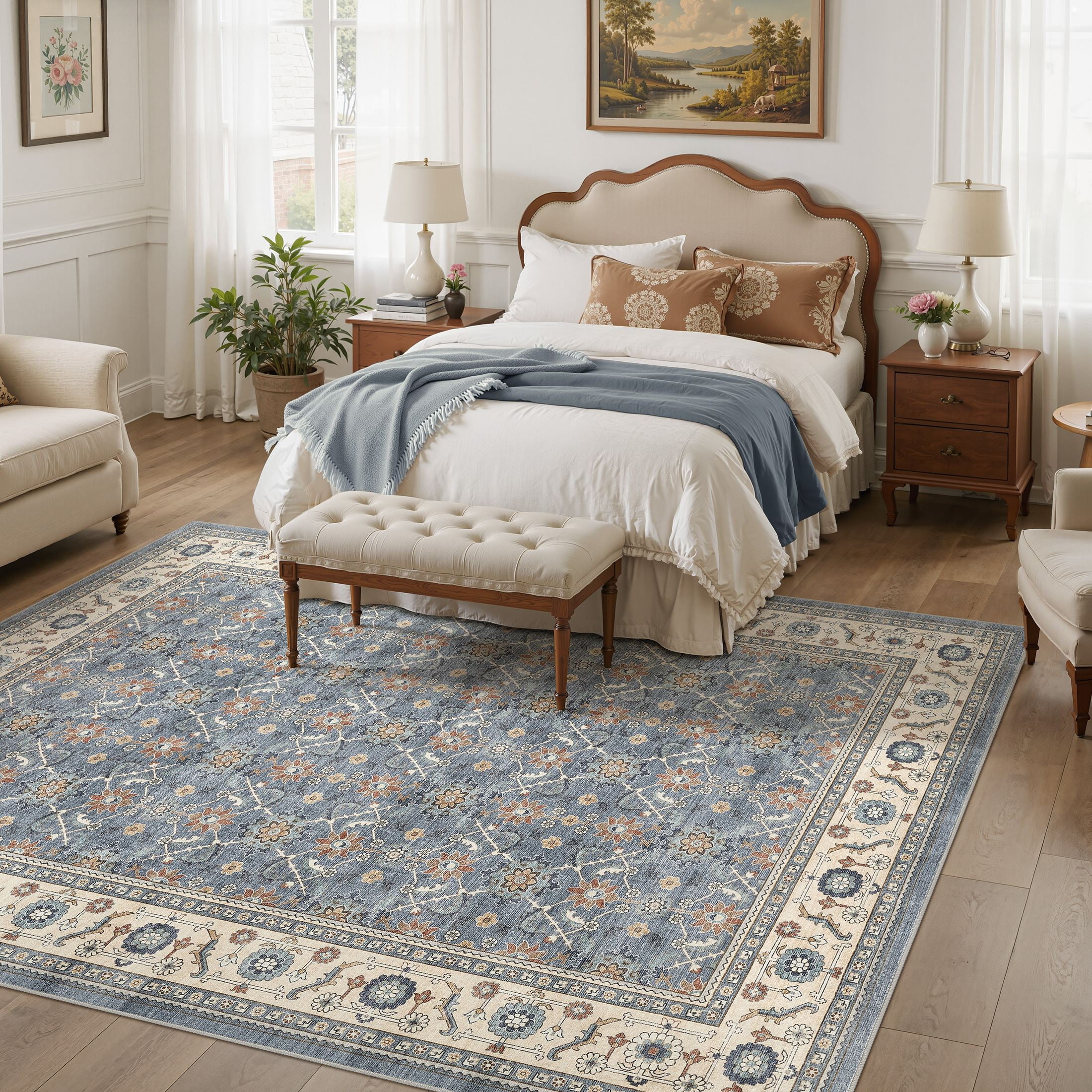 UERMEI 5'x7' Washable Area Rugs for Living Room, Vacuum Friendly, Non-Silp Low-Pile Rug for Bedroom, Boho Home Decor Carpets, Blue