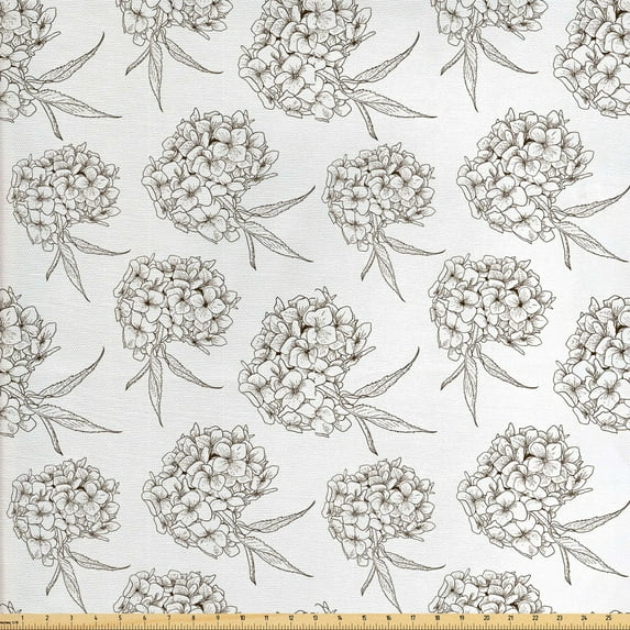 Floral Fabric by the Yard Upholstery, Monochrome Background with Hand-Drawn Sketched Hydrangea Flowers Bouquet, Decorative Fabric for DIY and Home Accents, Dark Brown and White by Ambesonne