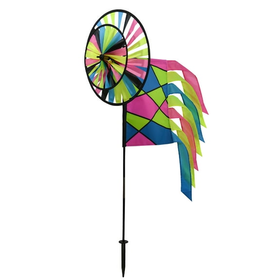 In the Breeze 2730 — Neon Colorblock Spinner Wheels with Garden Flag and Tails - Ground Stake Included - Colorful Décor for your Yard and Garden