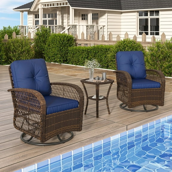 Clouddwell 3 Piece Patio Furniture Set Swivel Outdoor Chair Wicker Rattan Patio Conversation Set Outdoor Sectional Sofa Set with Coffee Table and Blue Cushions