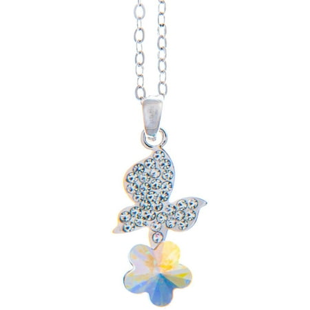 Rhodium Plated Necklace with Butterfly Alighting on a Flower Design with a 16 Extendable Chain and High Quality Multicolored Crystals by Matashi