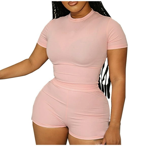 Wyongtao Workout Sets for Women 2 Piece Seamless Ribbed Short Sleeve Crop Tank High Waist Shorts Yoga Outfits,Pink XL