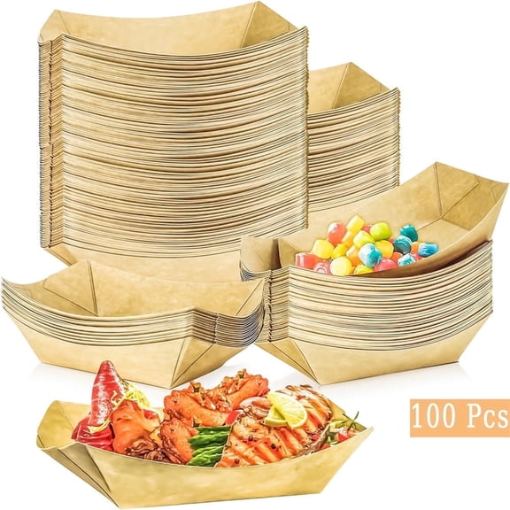 Tutuviw 100Pcs Paper Food Boat Trays Disposable Small Paper Boats,Brown Kraft Paper Food Trays Paper Coated Oil-Proof Paper Box for Snacks Fries Popcorn BBQ Sauce
