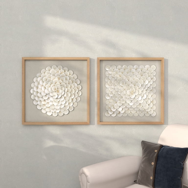 24x24 Inch 3D Handmade Wall Art - Rustic Flower Capiz Shell Shadow Box With White Frame, For Living Room, Office