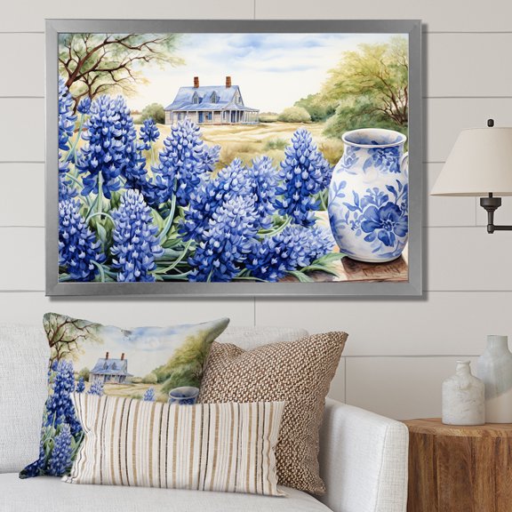 Designart "Rustic Blue Bonnets Still Life" Blue Bonnets Picture Framed Canvas Art Print