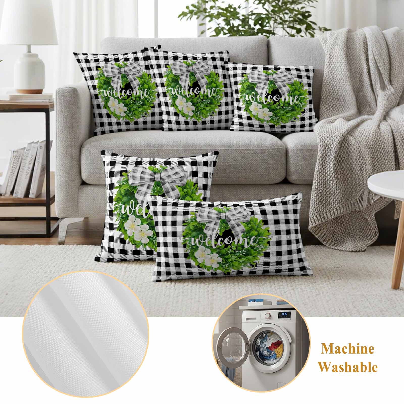 Welcome Pillow Covers 2 Pack Spring Country Farm Green Boxwood Flowers Wreath Black White Plaid Pillowcase Waterproof Outdoor Throw Pillow Cover for Patio Garden Square Cushion 16”x16”