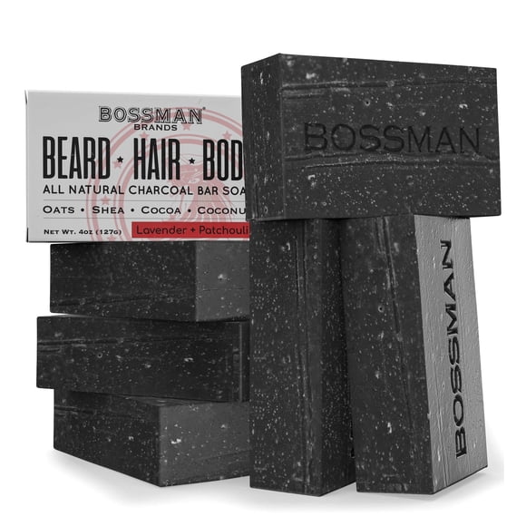 Bossman 6 Pack Menâs Bar Soap 4-in-1 â All Natural Organic Beard Wash, Shampoo, Body Wash, Shaving and Bath Soap - Essential Beard Care, Scent â Lavender and Patchouli