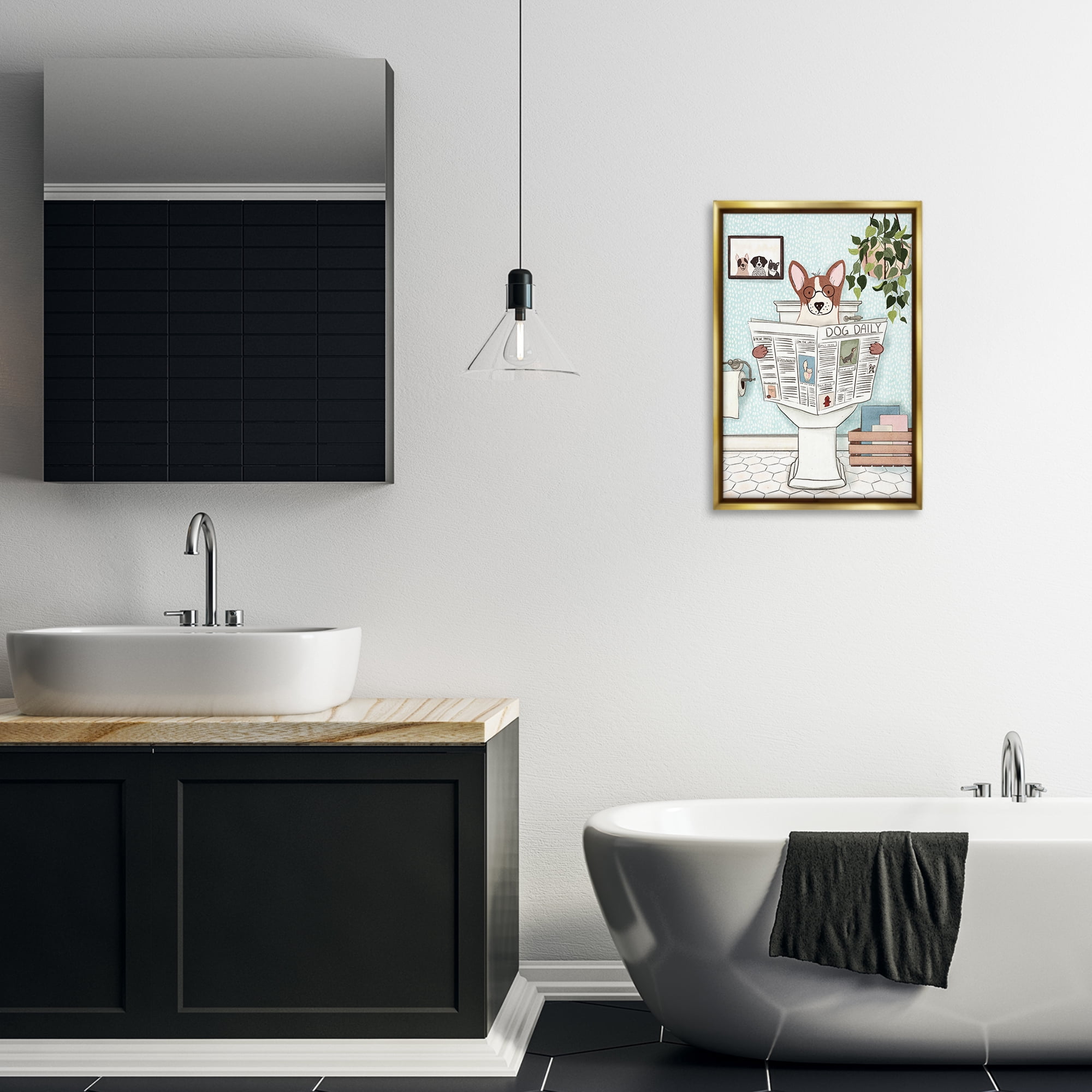 Stupell Industries Dog & Newspaper Bathroom Bath & Laundry Painting Gold Floater Framed Canvas Art Print Wall Art, 17 x 25