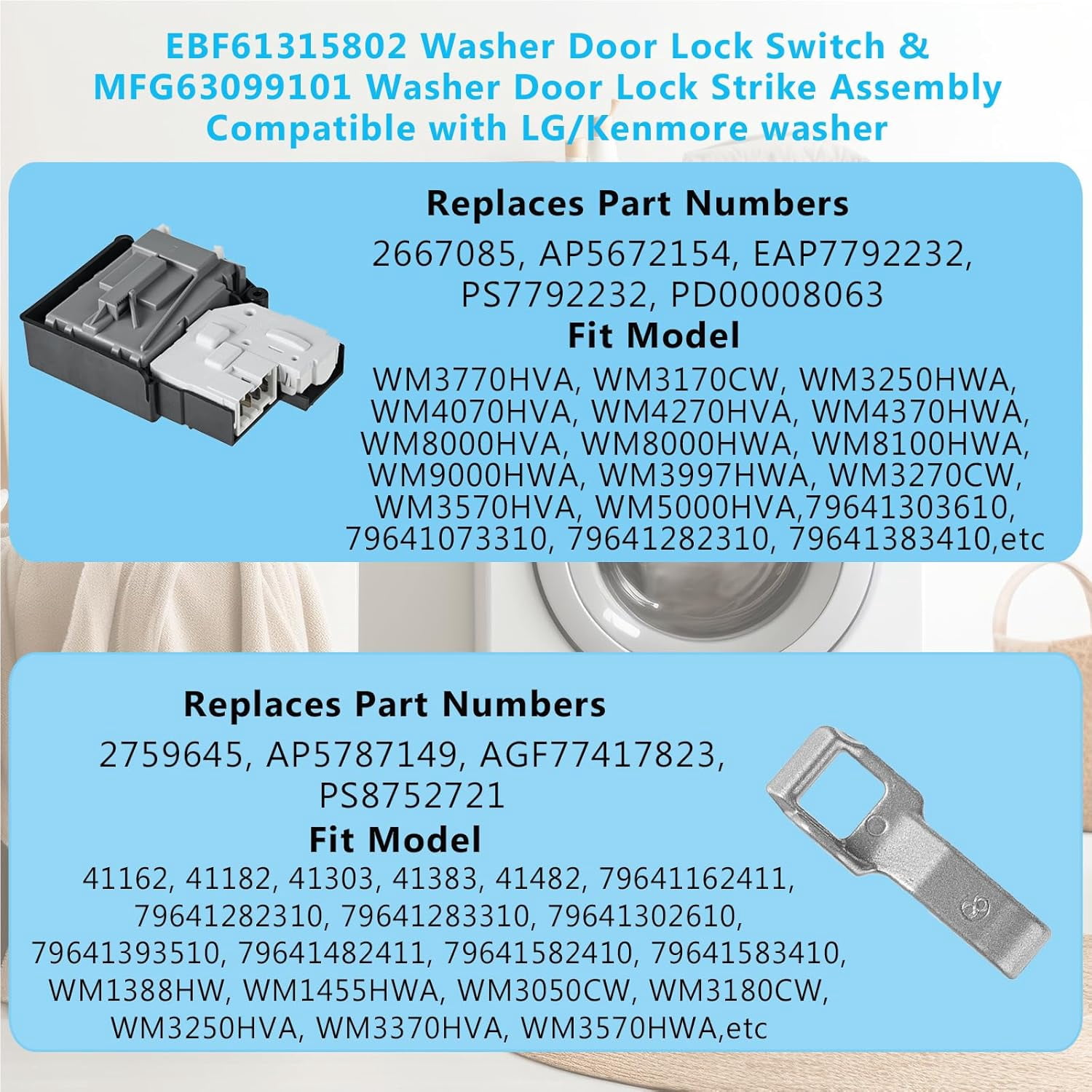 EBF61315802 Washer Door Lock Switch & MFG63099101 Washer Door Lock Strike Assembly Compatible with LG Kenmore Washing Machine Door Switch (2 PACKS)