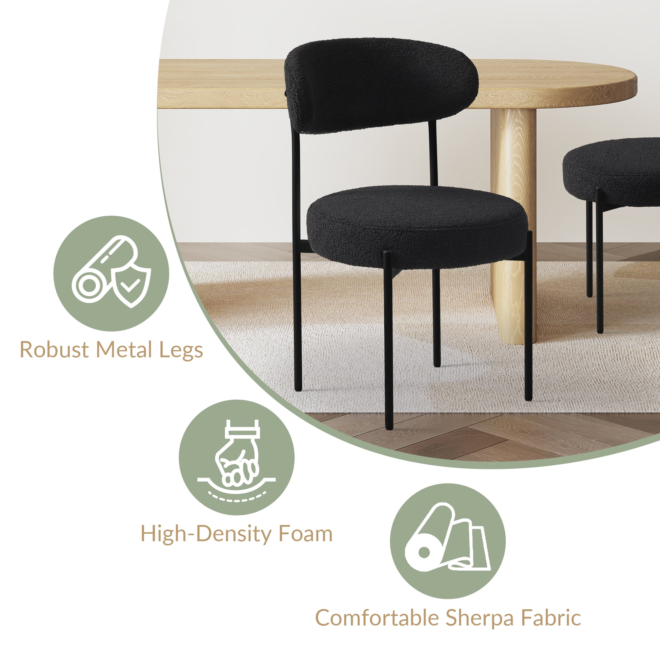 WestinTrends Alexandria Mid-Century Modern Upholstered Sherpa Round Dining Chairs (Set of 2), Black