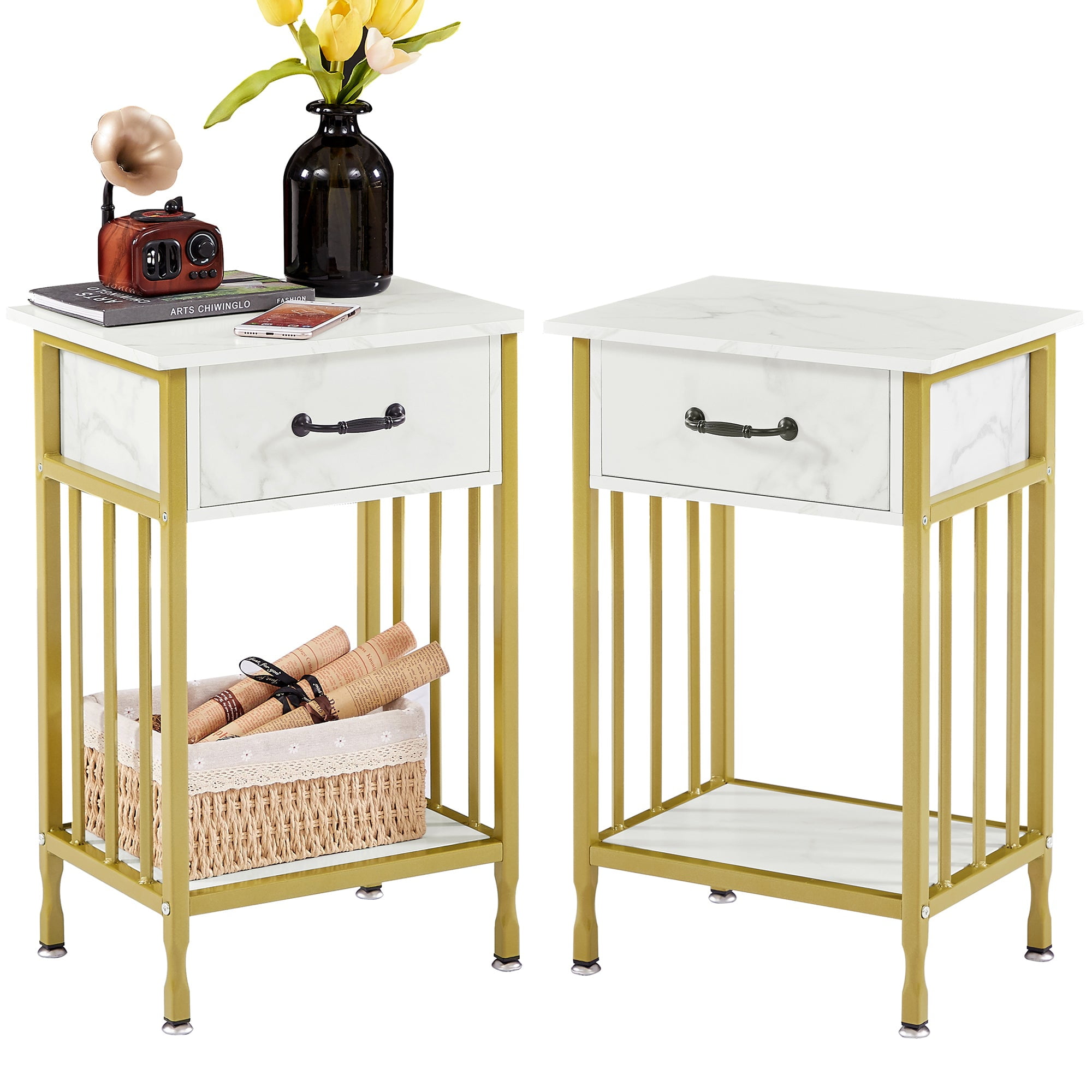 VECELO Set of 2 Nightstand with Drawer and Storage Shelf, Modern End