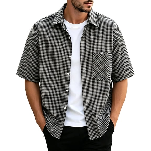 hoksml Men's Gingham Plaid Short Sleeve Button Down Shirt, Chest Pocket Collared Loose Fit Summer Casual Daily Top