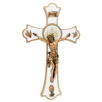 Gold Tone and White Epoxy Non-Devotional Holy Mass Crucifix with Chalice, 8 Inch