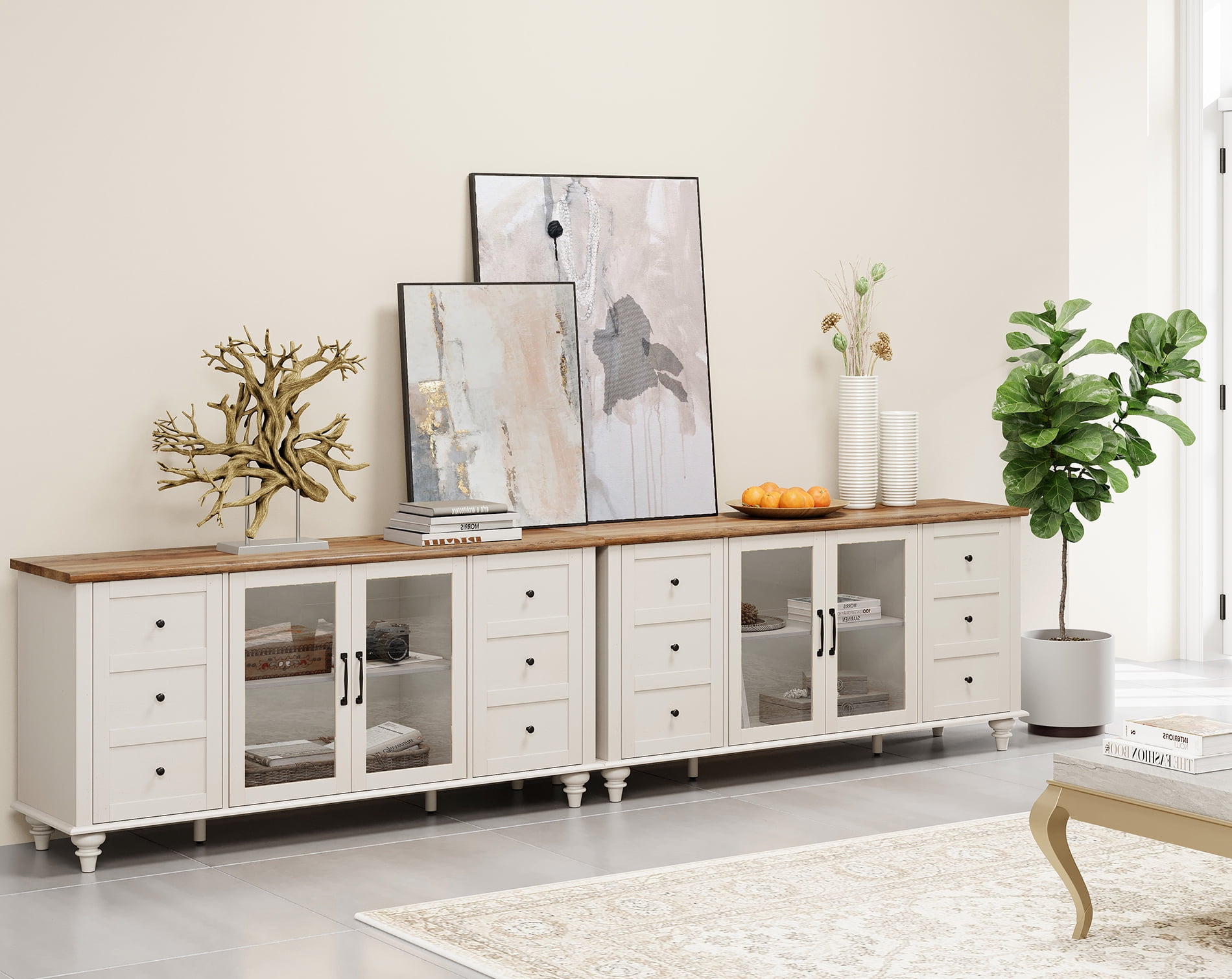 Glass Door TV Stand with Blue Light Farmhouse Modern TV Stand for TVs up to 110 inches,White Entertainment Center with 16 LED Light for Living Room