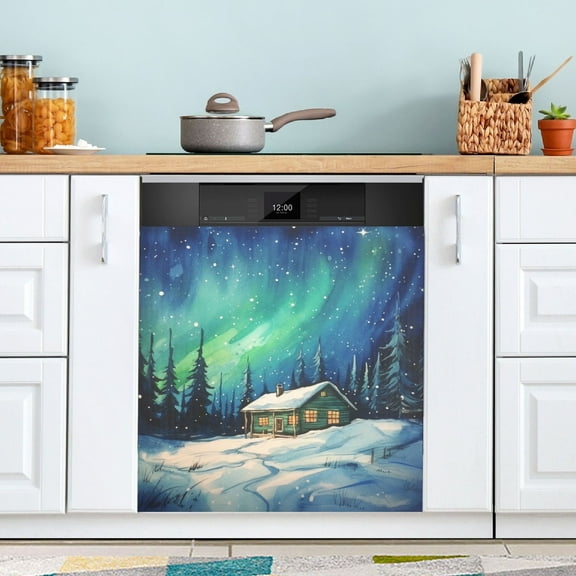 House in Winter under Aurora Dishwasher Magnet Cover Magnetic Fridge Door Cover Home Kitchen Decor 23"x 26"