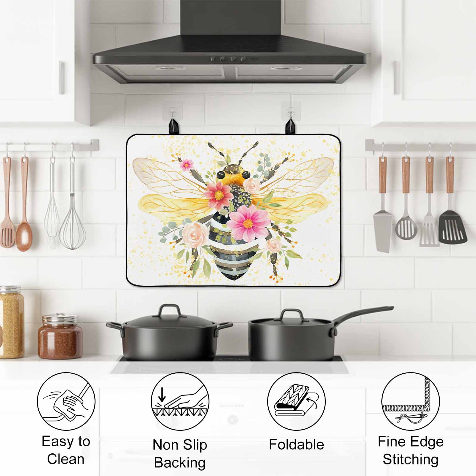 Summer Bee Stove Top Cover for Electric Stove, Heat-proof & Non Slip Glass Top Stove Cover Protector, Spring Floral Botanical Watercolor Kitchen Flat Cooktop Rubber Mat 24x21 Inches