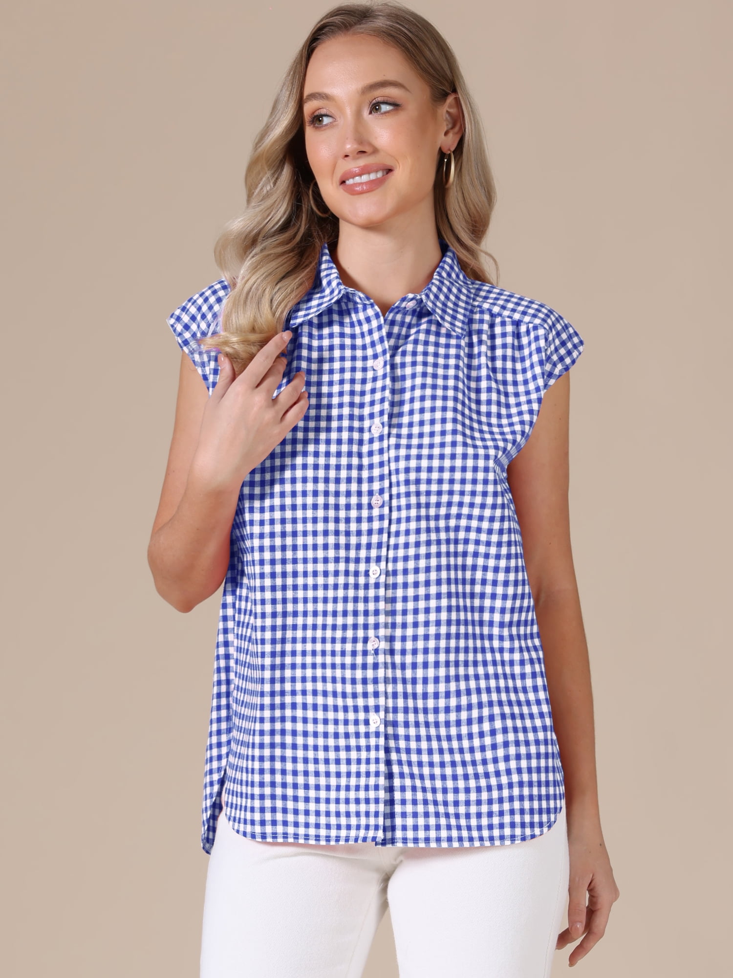 DARING DIVA Women's Gingham Top Work Cap Sleeve Vintage Plaid Button Down Shirts M Blue