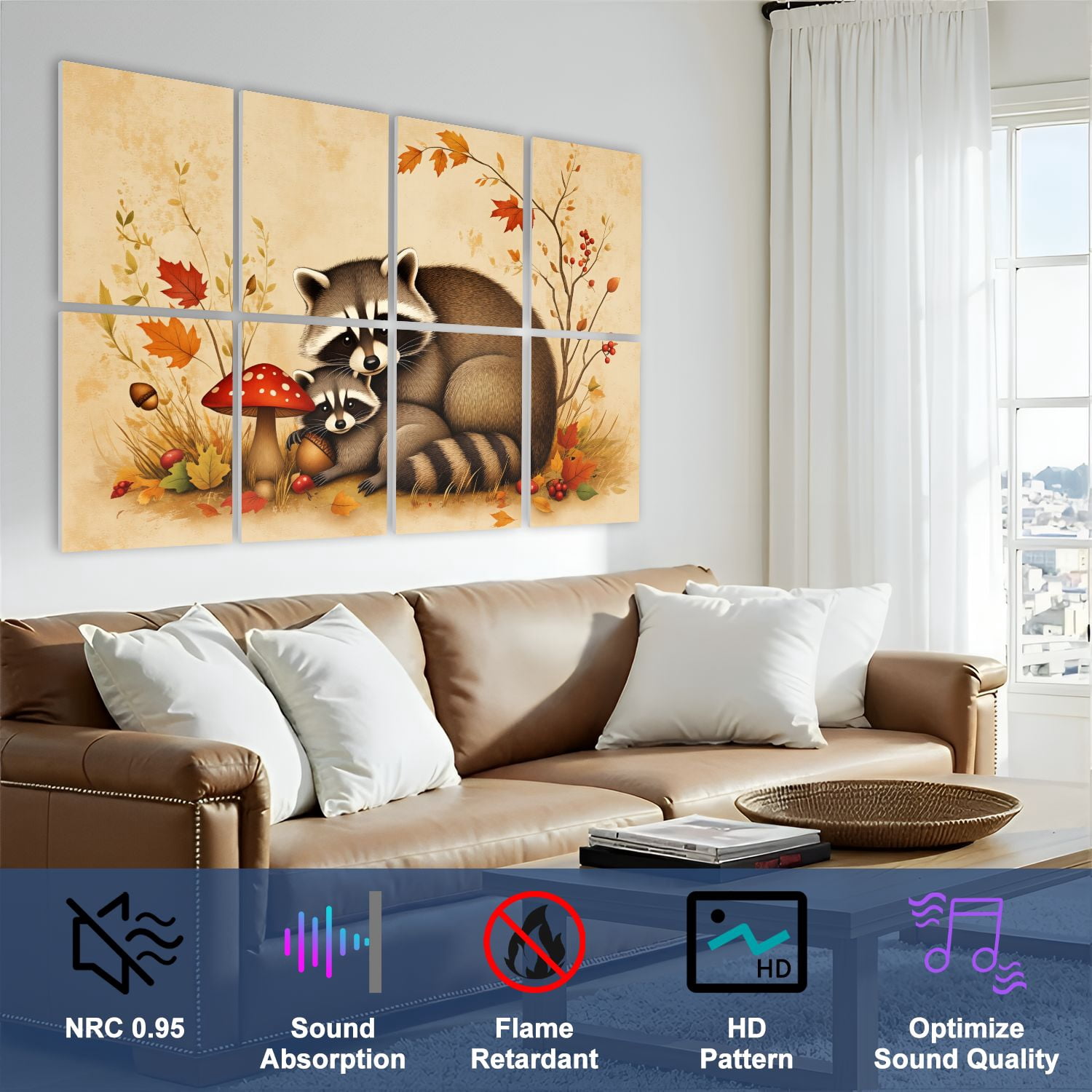 8 Pack Art Acoustic Panels Sound Absorbing Mother Baby Raccoons Autumn Decorative Soundproof Wall Panels Self Adhesive for Nursery Game Room Bedroom 48"x32"