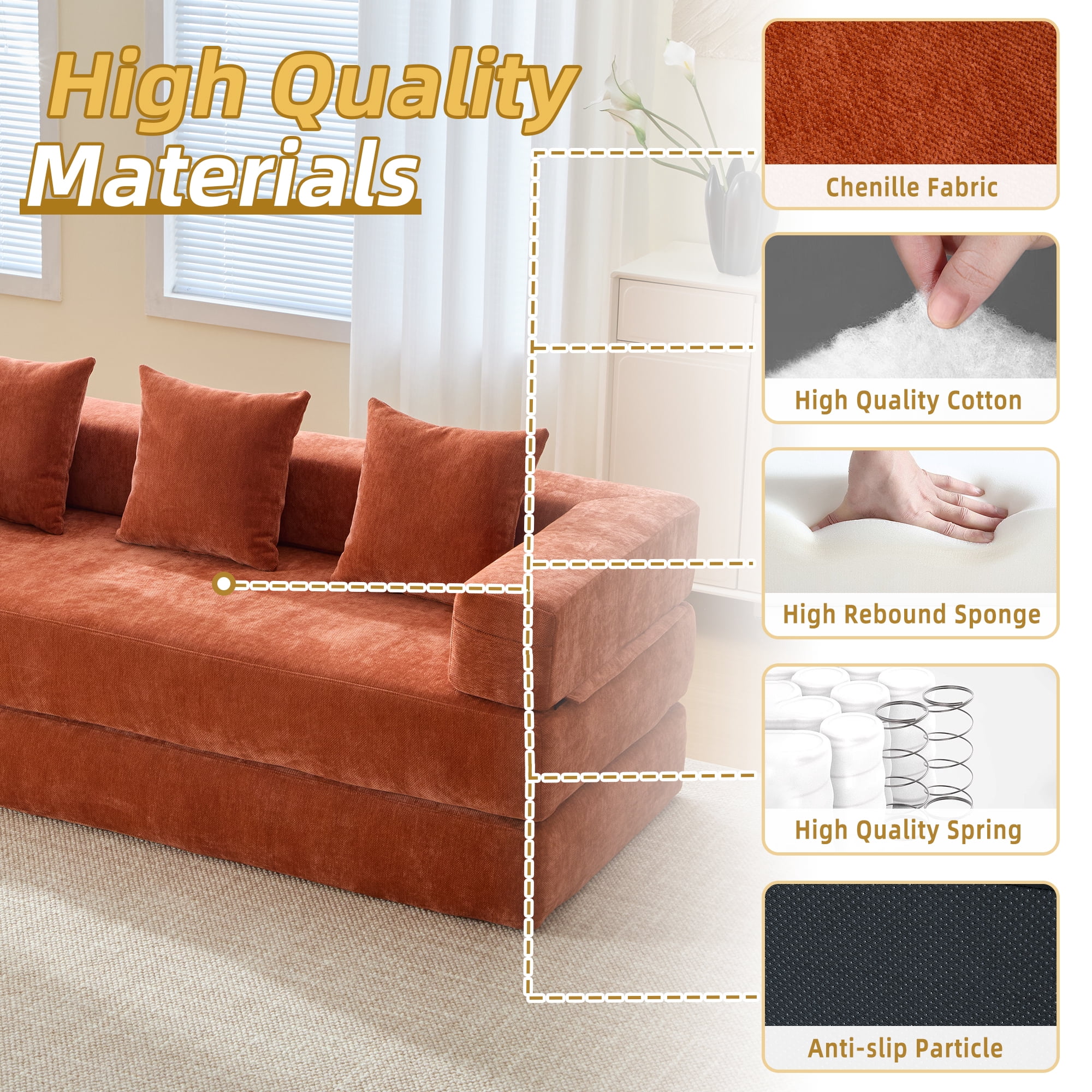 MOONMISS Chenille Upholstered Convertible Foldable Memory Foam Sleeper Sofa with Pillows for Living Room-Orange