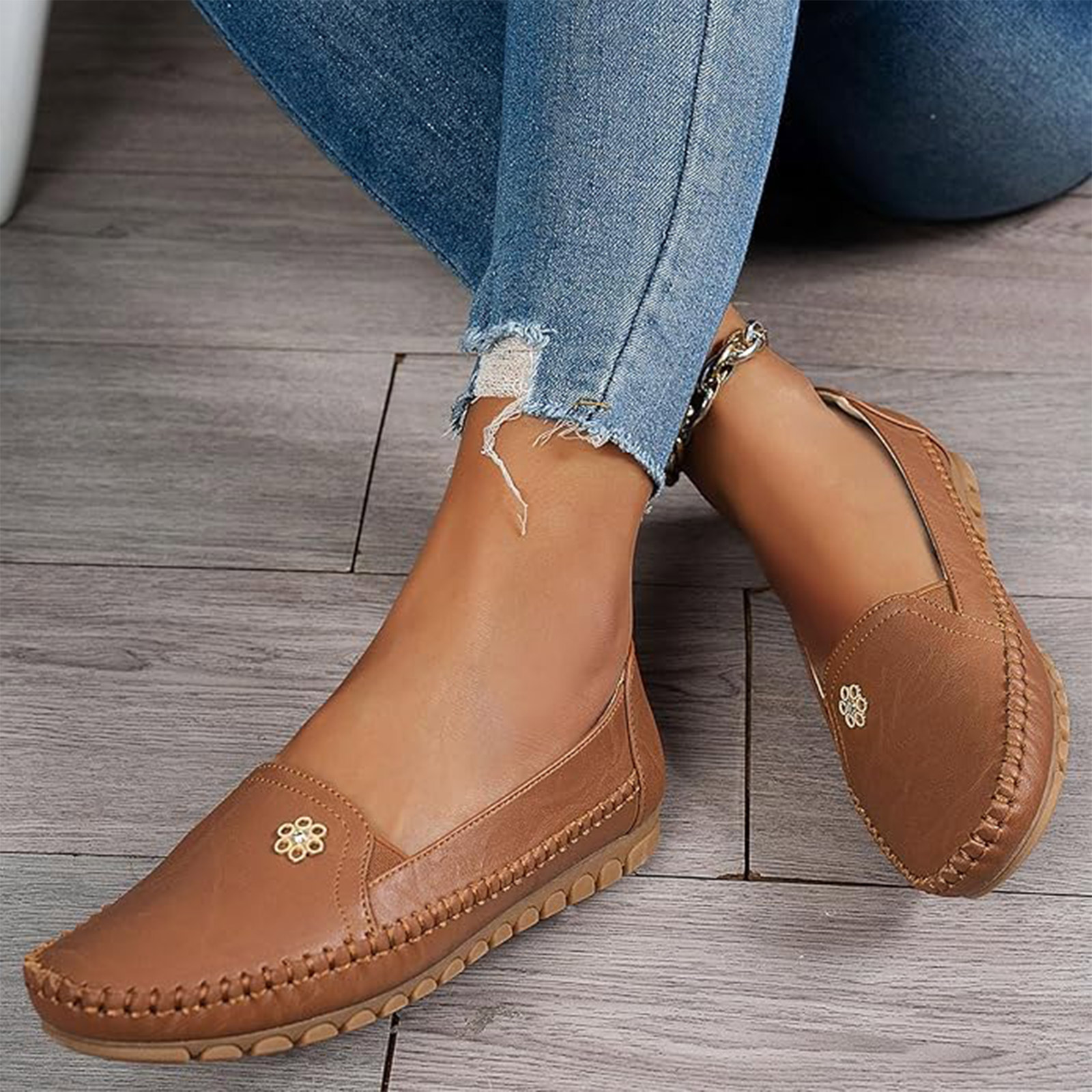 Mocasines para mujer, zapatos ortopédicos de cuero elegantes, casuales sin cordones, planos para caminar, de negocios, camel, 8 ancho 5