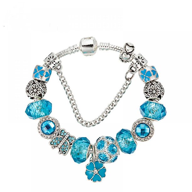 Pulsera con dijes para mujer, colgante de flor, cadena de hueso de serpiente con cuentas de cristal de mariposa azul, se adapta a la mayoría de las muñecas, el mejor regalo de vacaciones para mujeres Feliz Sencillez