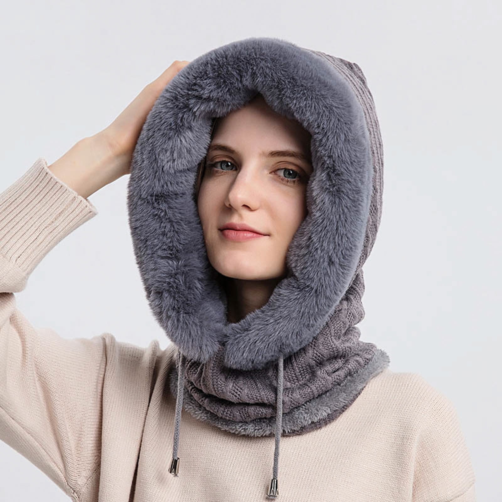GPOECD Winter Thermal Hooded Face for Women Outdoor Ski Riding Cold Weather Protective Headgear with Integrated Bib Grey,One Size