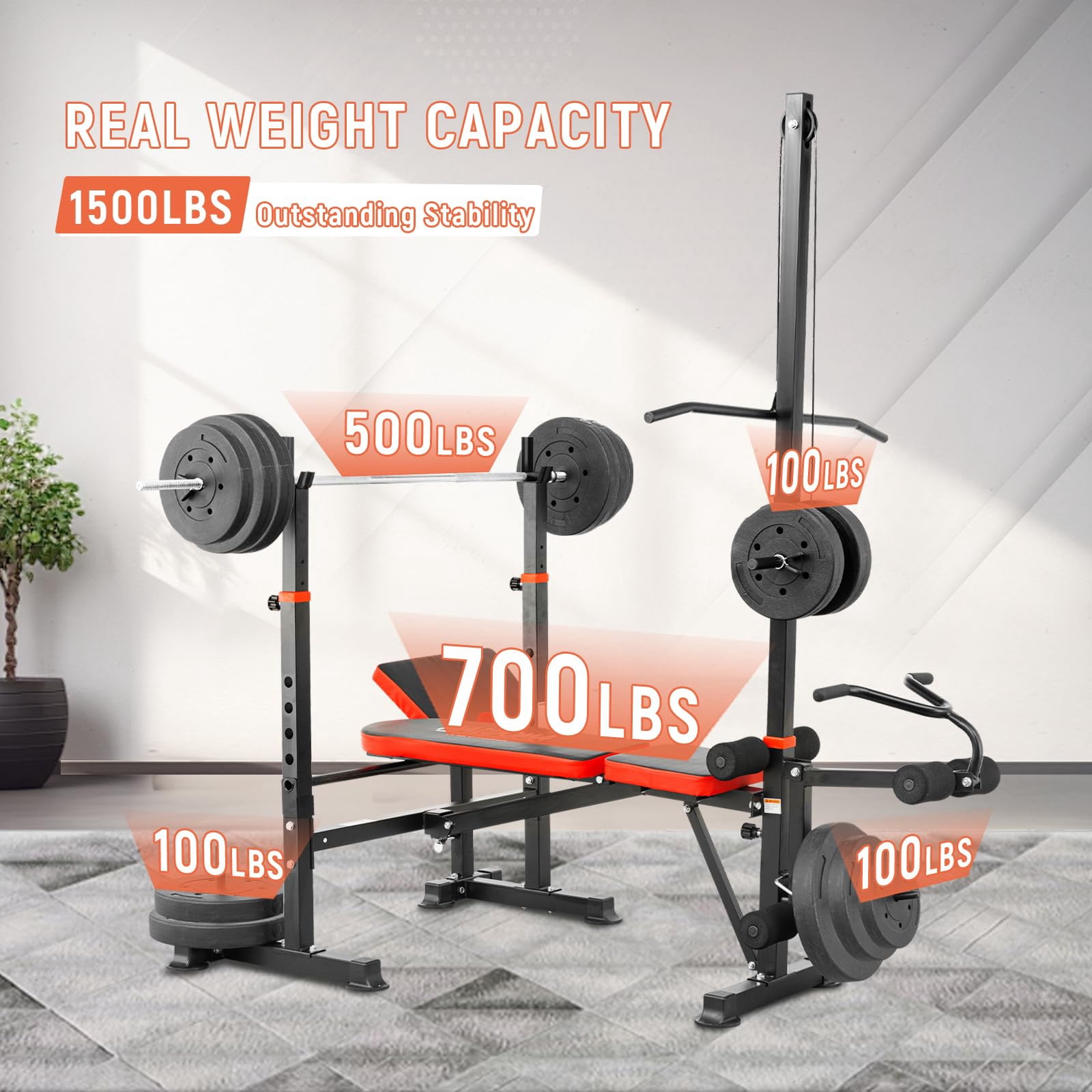 1500LBS 8 in 1 Olympic Weight Bench Set with  Leg Extension and Squat Rack, Adjustable Bench Press Set for Home Gym Full Body Strength Training