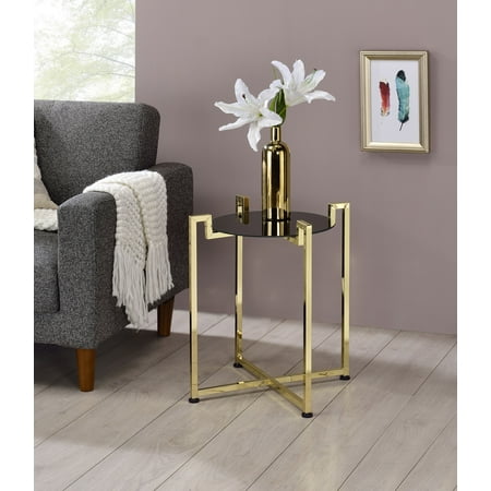 Hendon Modern Accent Side End Table, Black Tempered Glass Top & Brass Metal Base