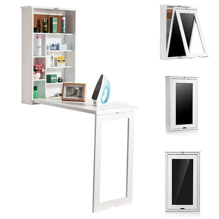 Table Desk Mount Foldable Wall Desk Computer Desktop with Shelves Storage Fold Out Convertible Wall Mount Desk Study Writing Table ()