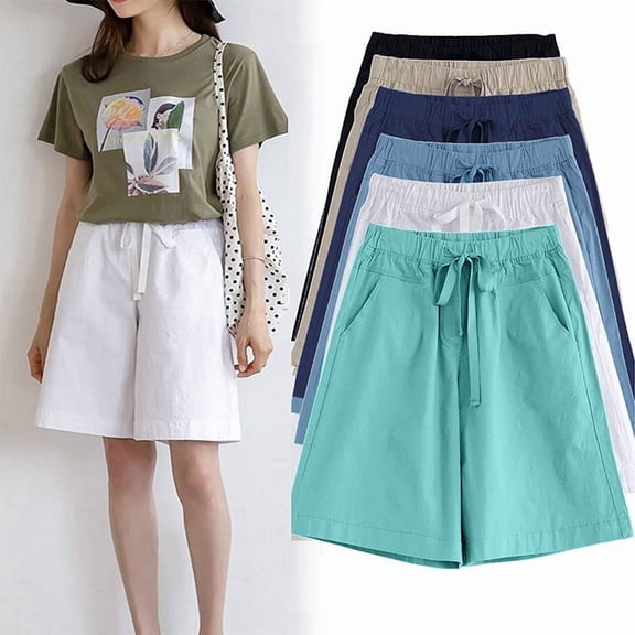 Fartey Casual Shorts for Women Plus Size Summer Elastic High Waisted Drawstring Wide Leg Short Pants Loose Lightweight Bermuda Shorts with Pockets Green 7XL