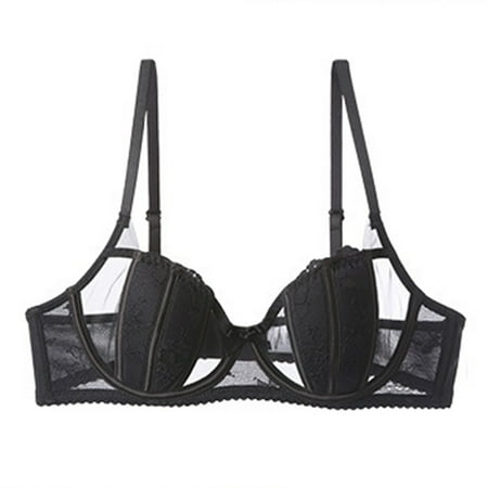 Fadeal Lace Balconette Bra Rench Ultra Thin Cup Lace Bra Soft Ring Gathered Bra Set Soft and Skin Friendly Comfortable To The Body. Unlined Bras for Women Black 32