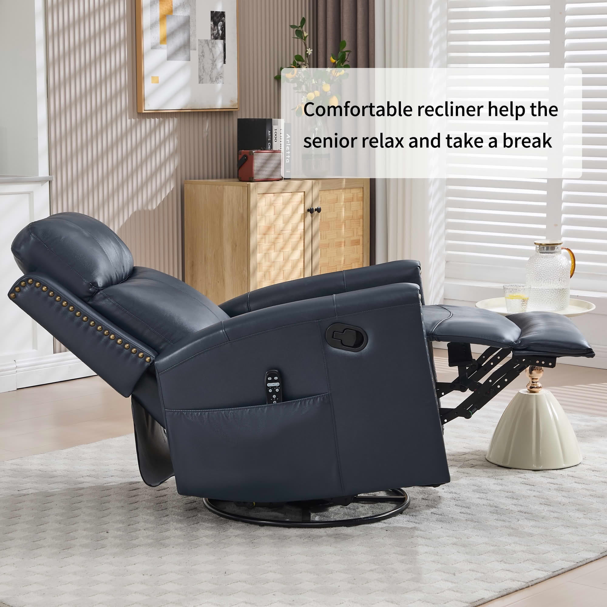 MAYEERTY Blue Genuine Leather Manual Recliner, 360° Swivel Rocker Heat Massage 31"x38"x42" for Living Room