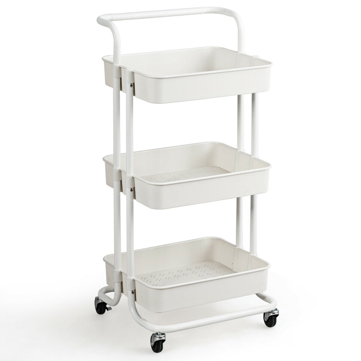 Gymax 3 Tier White Rolling Cart W/Wheels Practical Handle & ABS Storage Basket Organizer