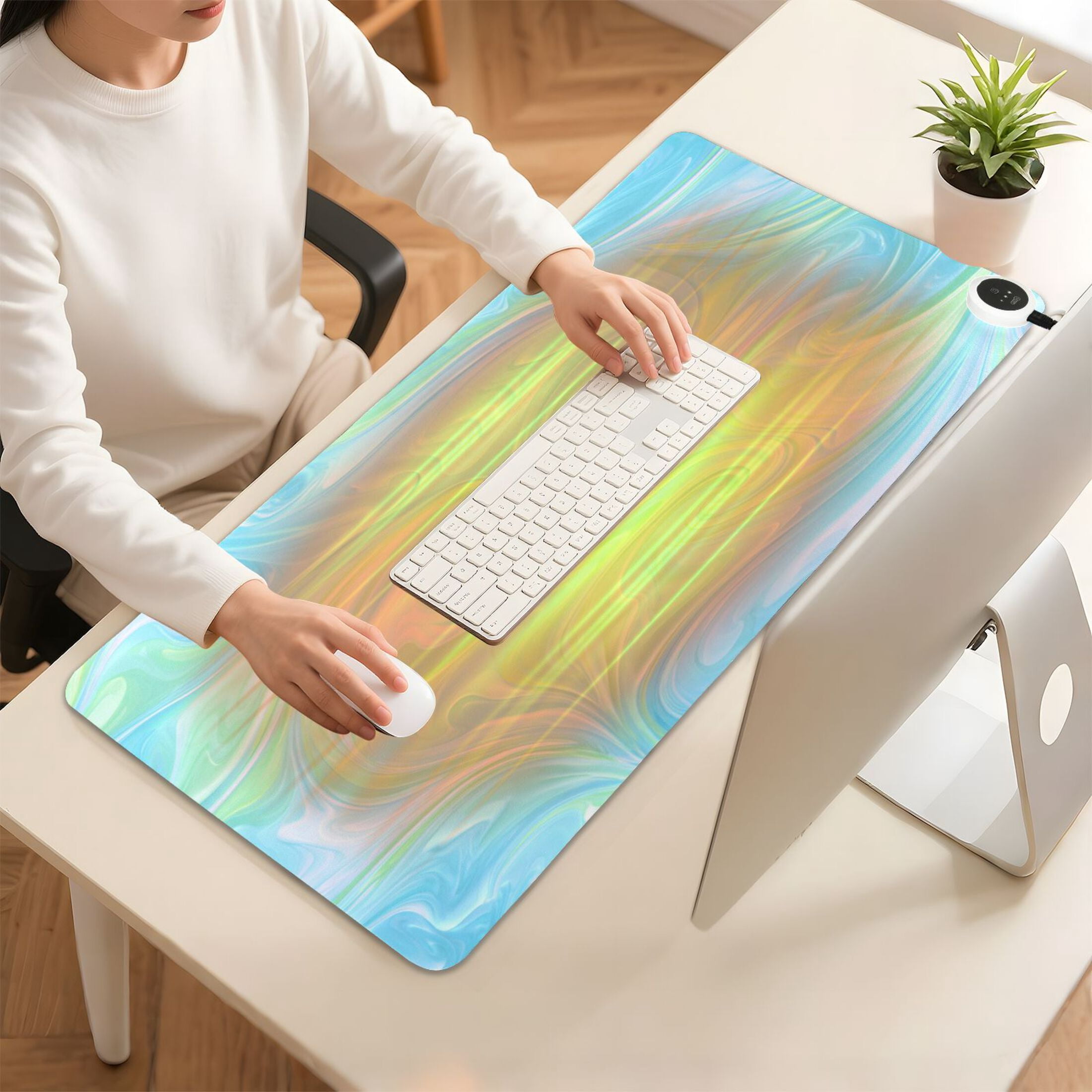 Large Heated Desk Mat Mouse Pad 31.5"x13"PU Leather Graphene Heating Desk Warmer with 3 Temperature Settings 110V US Plug Non-Slip Warm Pad for Home, Office, and Gaming Iridescent Swirl Marble Print