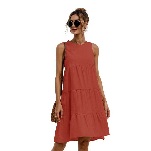 Nouvelle Robe Ligne A Unie pour Femmes Design Patchwork Col Rond Mode Urbaine Sans Manches Taille Mi-Haute Décontractée Ample Mini Robe
