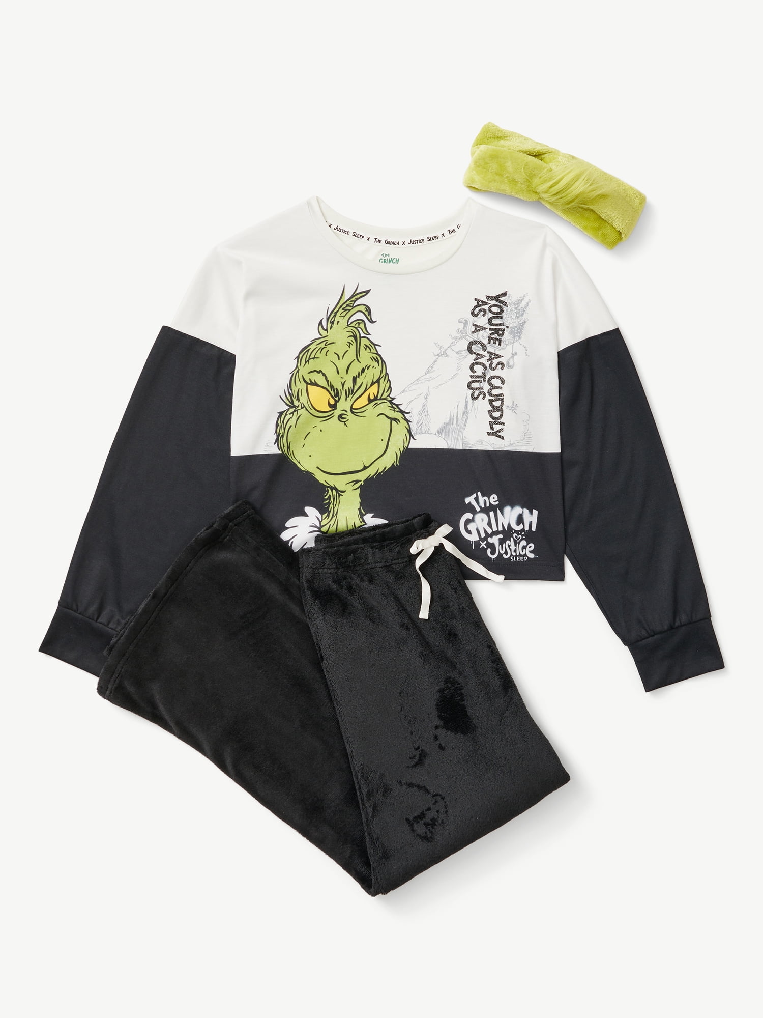 Justice Girls Grinch Long Sleeve Top and Wide Leg Pant with Grinch Headband, 3-Piece Pajama Set, Sizes 5-18 and Plus