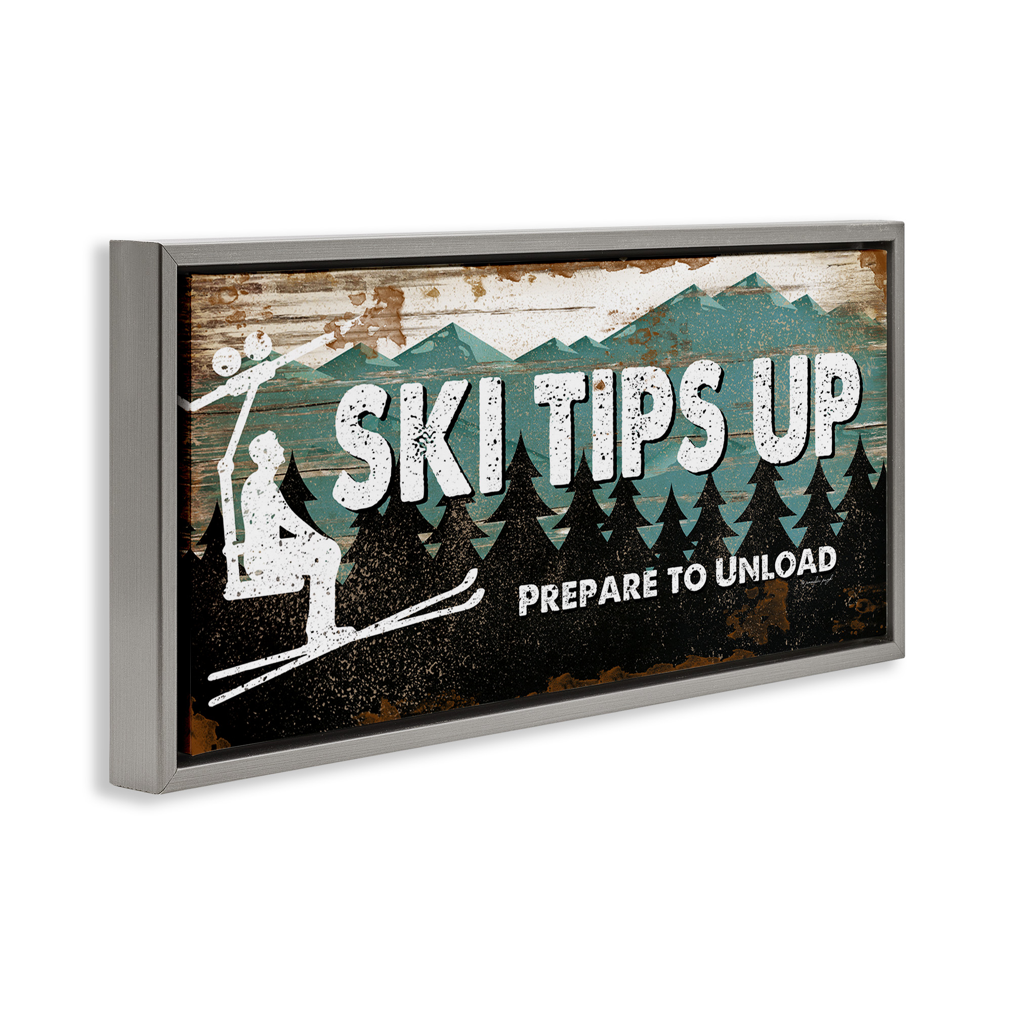 Stupell Industries Winter Rustic Mountain Skiing Typography Painting Gray Floater Framed Canvas Art Print Wall Art, 31 x 14