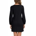 thumbnail image 4 of Vestido corto con manga larga y farol, color puro, cuello redondo, cintura con lazo, vestido de cóctel para citas, color negro, XL, 4 of 6