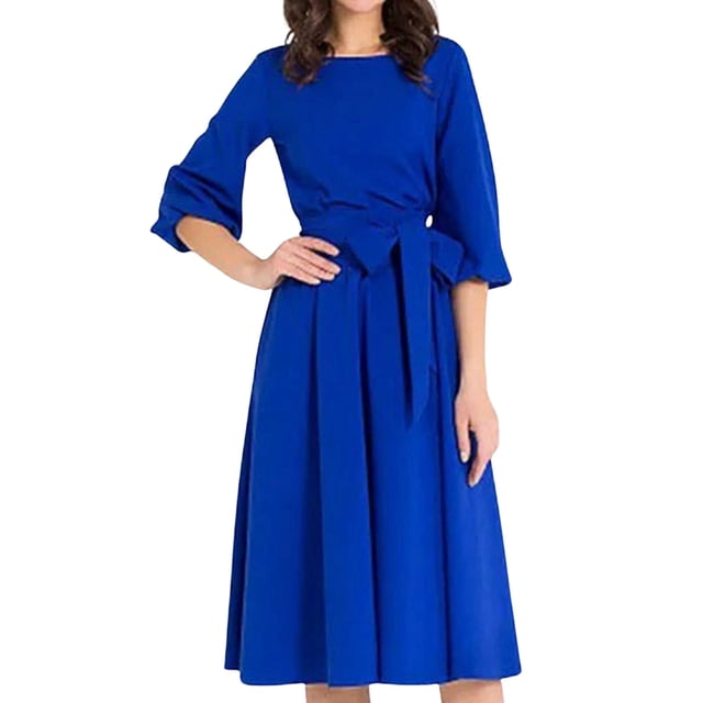 TSADFHJI Jupe Noire Grande Taille Femme Couleur Unie Col Rond Manches Mi-Longues Robe Ligne A Femme TG Bleu