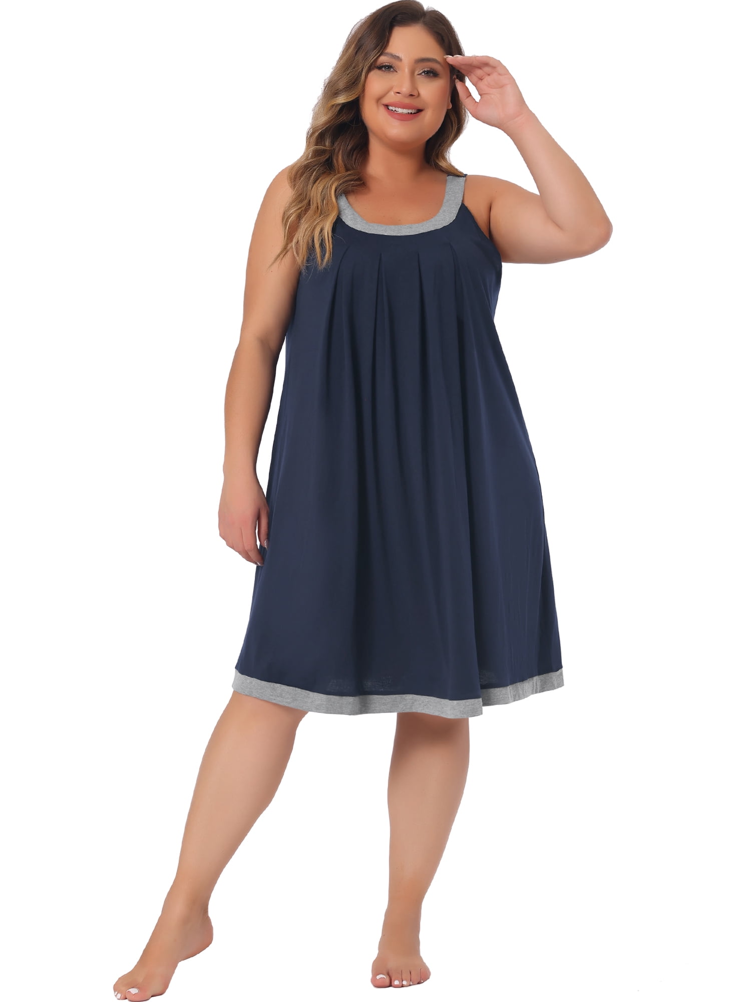 DARING DIVA Women's Plus Size Sleeveless Pleated Scoop Neck Nightgown 3X Dark Blue