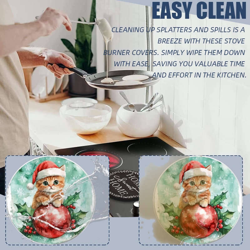 Christmas Metal Electric Stove Burner Cover, Christmas Cute kitten with Xmas Ball Ornament Round Durable Gas Stove Burner Covers Set of 4 for Kitchen Decor, 8 Inches and 10 Inches