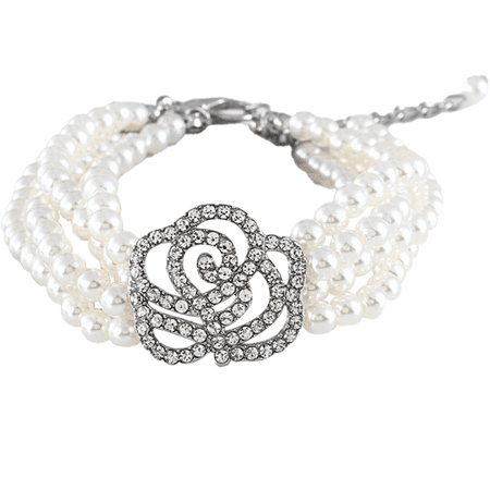 Pet Collar With Four Rows Of Pearl Dot Diamond Necklace Jewelry Adjustable Rose Flower Cat And Dog Decoration Accessories - M