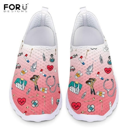 

FORUDESIGNS Cartoon Nurse/Premium Sketch Print Women s Casual Shoes Flats Beach Comfortable Mesh Slip-on Brand Women Sneakers