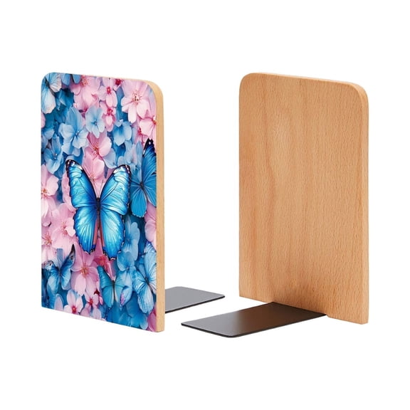 Bookends 1 Pair Non-Skid Bookend Wood Bookends for Shelves Book Stand for CDs - Group of Blue Butterflies