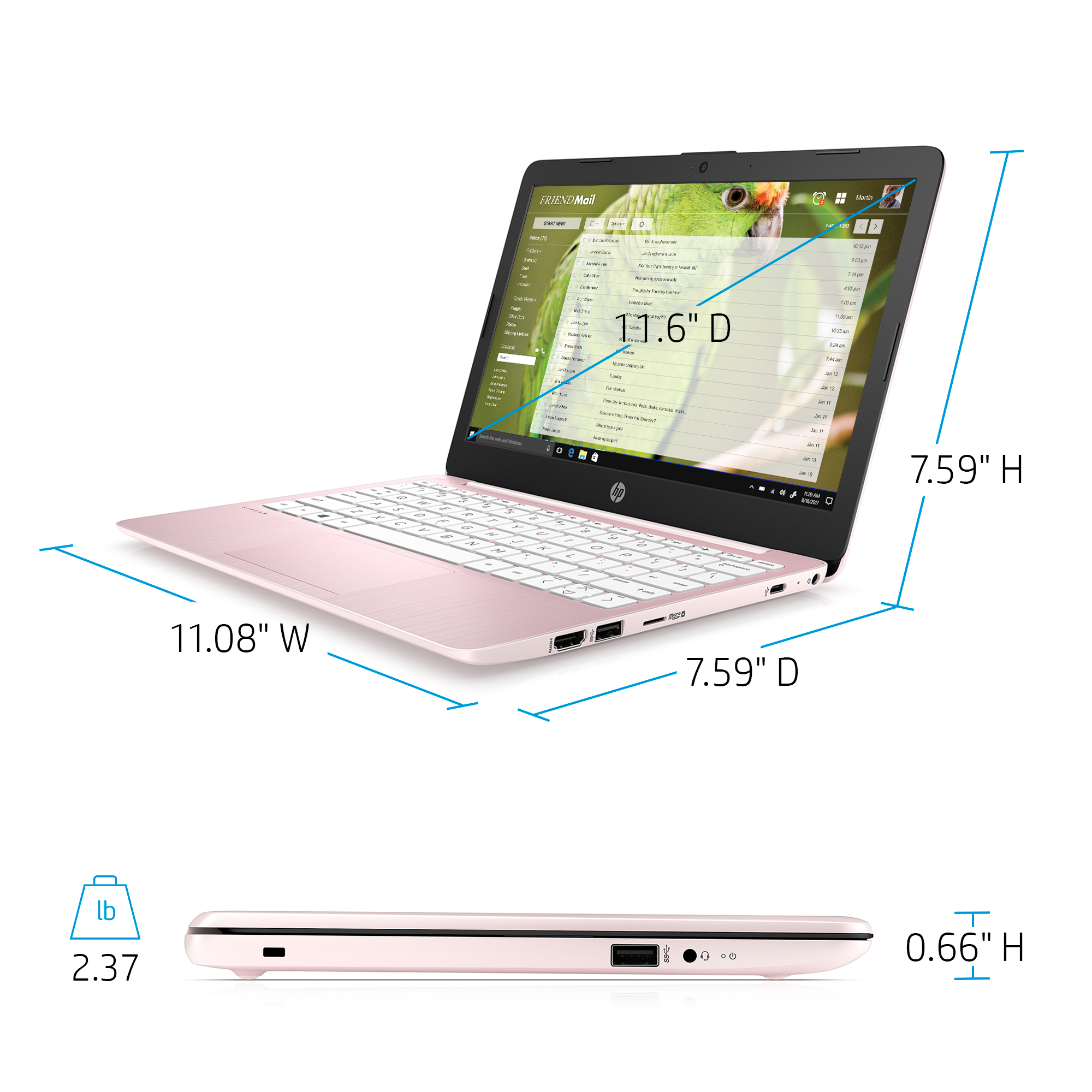 HP Stream 11.6" PC Laptop, Intel Celeron N4020, 4GB RAM, 64GB eMMC, Windows 10 Home, Rose Pink, 11-ak0080wm - image 2 of 8
