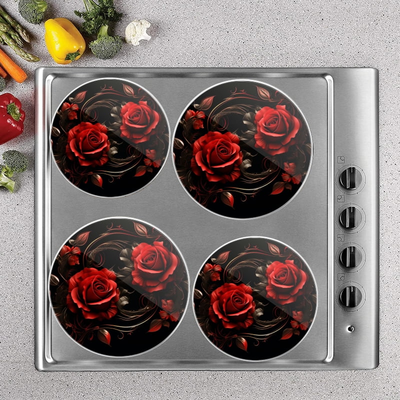 BaHomeck Electric Stove Burner Covers Set of 4,Round Metal Gas Stove Burner Covers 8 Inch and 10 Inch,Kitchen Decor,Render Of Red Roses With Swirls And Leaves On Black Background