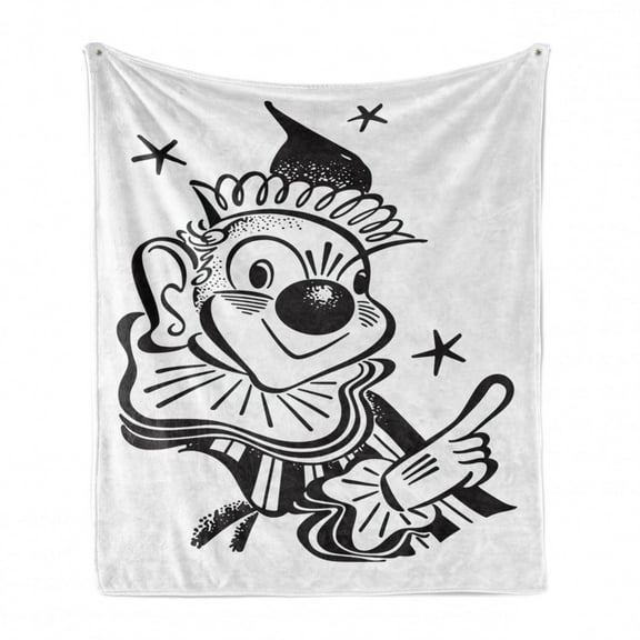 Circus Soft Flannel Fleece Blanket, Pattern of a Funny Clown Portrait Pointing Stars Monochrome Graphic Drawing, Cozy Plush for Indoor and Outdoor Use, 60" x 80", Charcoal Grey White, by Ambesonne