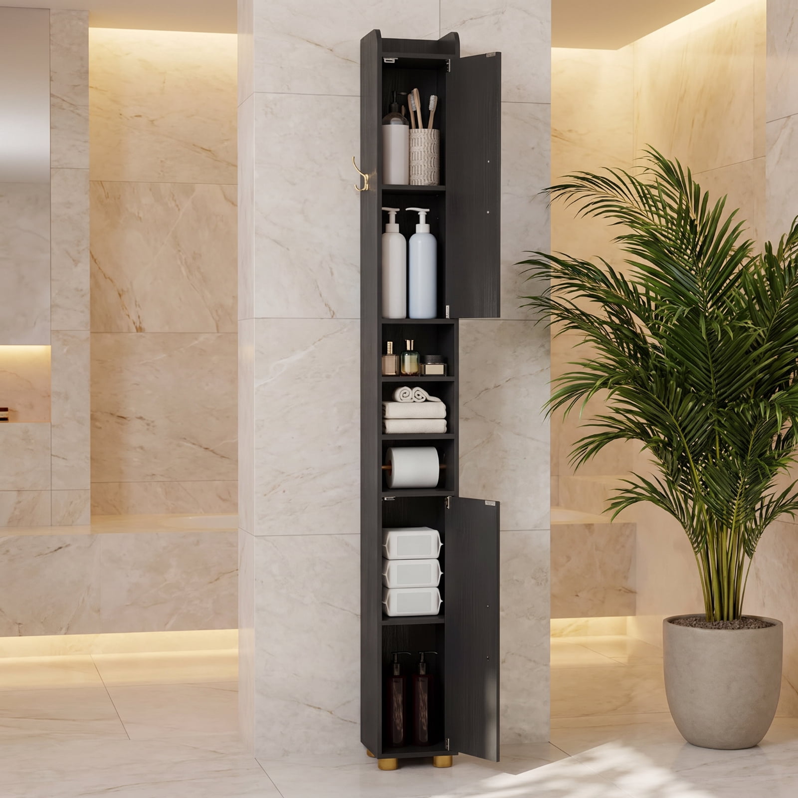 Vebreda Narrow Bathroom Storage Cabinet, Tall Slim Freestanding Cabinet with 2 Closed Cabinets, Open Shelves and Toilet Paper Holder, Adjustable Shelves and Hook, Black